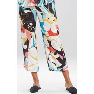 Natori Rose Stained Glass Artsy Satin Pull on Wide Leg Crop Pajama Pant Lounge M